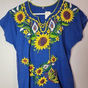 Blue Mexican Embroidered Sunflower Top
